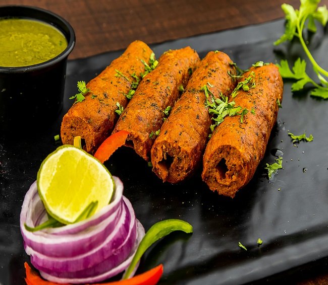 Lamb seekh kebab skewers at TandoorTales Indian restaurant