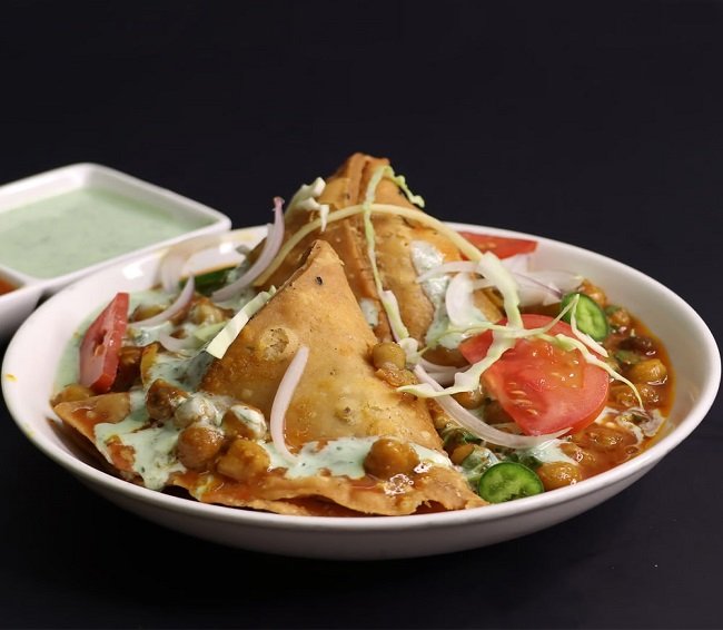 Samosa chaat Indian street food snack at TandoorTales
