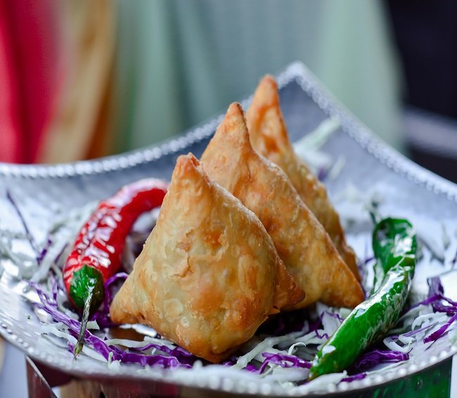 Crispy vegetable samosas at TandoorTales Indian restaurant Boston